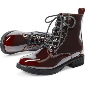 Women's Burgundy Ankle Combat Boots Lace Up Booties with Side Zipper Low Heel